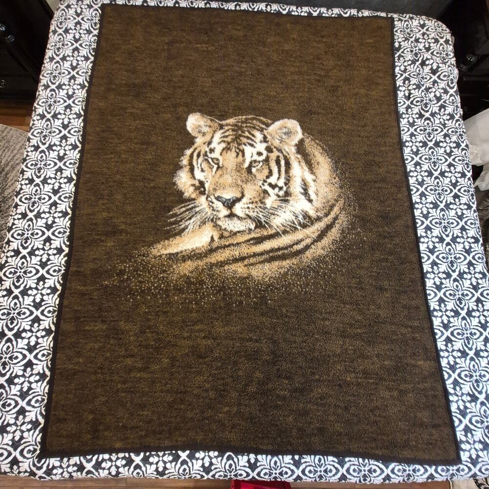 Vintage Biederlack Tiger Throw Blanket Brown Wild Animal Print Reversible ~73x54